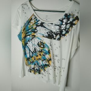 New York & Company White Butterfly Sequin Tee